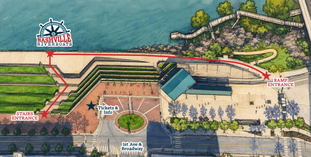 Map of the Nashville Riverboats boarding area at the Riverfront Park dock.