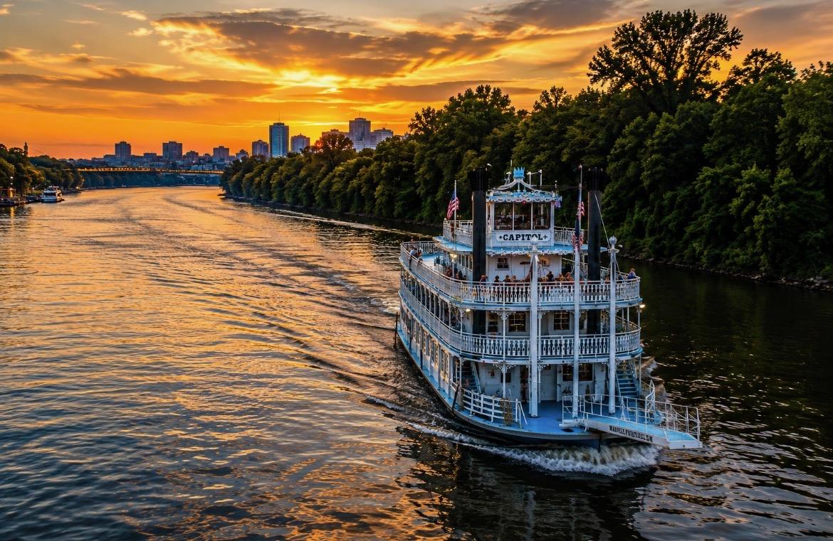 The Capitol on the Cumberland River at sunset.